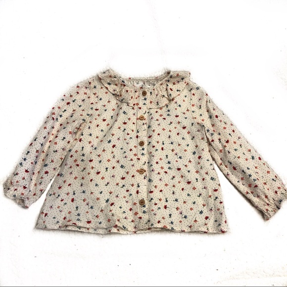 Zara Other - Zara Floral Button Down Shirt Ruffle Neck Girly